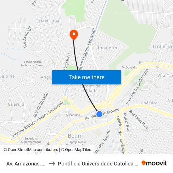 Av. Amazonas, 206 | Hotel Betim to Pontifícia Universidade Católica De Minas Gerais - Campus Betim map