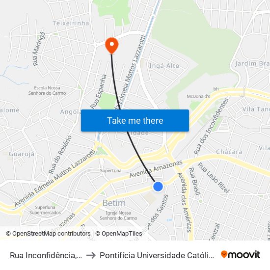 Rua Inconfidência, 179 | Hotel Primavera to Pontifícia Universidade Católica De Minas Gerais - Campus Betim map