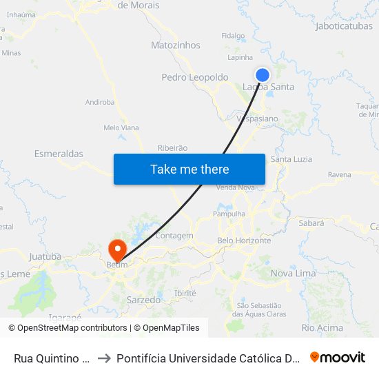 Rua Quintino Bocaiúva, 425 to Pontifícia Universidade Católica De Minas Gerais - Campus Betim map