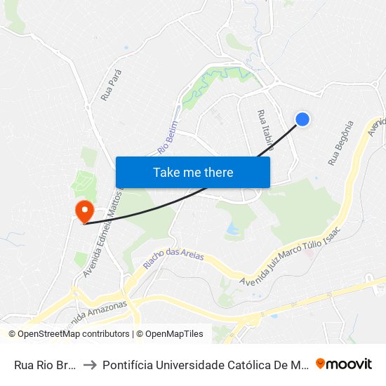 Rua Rio Branco, 234 to Pontifícia Universidade Católica De Minas Gerais - Campus Betim map