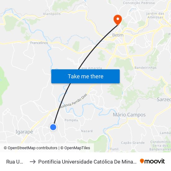 Rua Um, 1333 to Pontifícia Universidade Católica De Minas Gerais - Campus Betim map