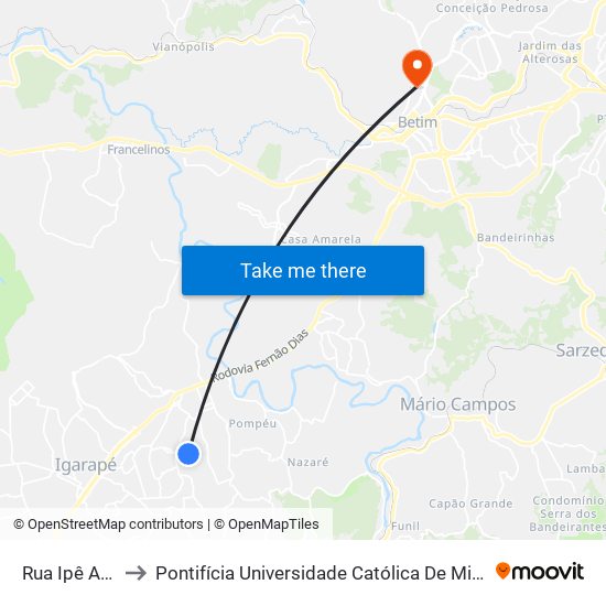 Rua Ipê Amarelo, 2 to Pontifícia Universidade Católica De Minas Gerais - Campus Betim map