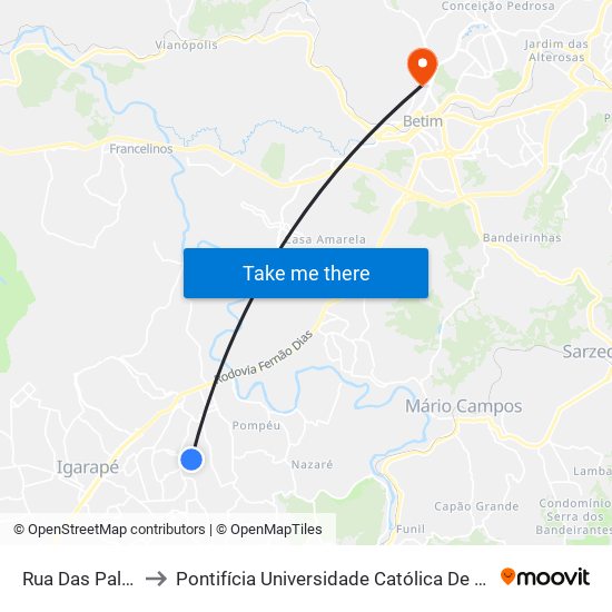 Rua Das Palmeiras, 238 to Pontifícia Universidade Católica De Minas Gerais - Campus Betim map