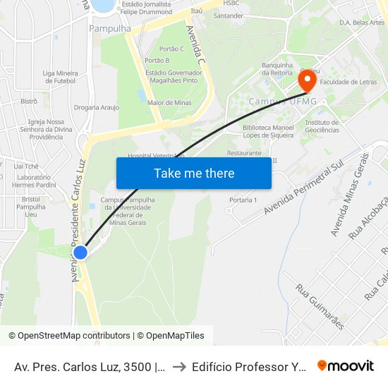 Av. Pres. Carlos Luz, 3500 | Escola De Educação Física Da Ufmg to Edifício Professor Yvon Leite De Magalhães Pinto map