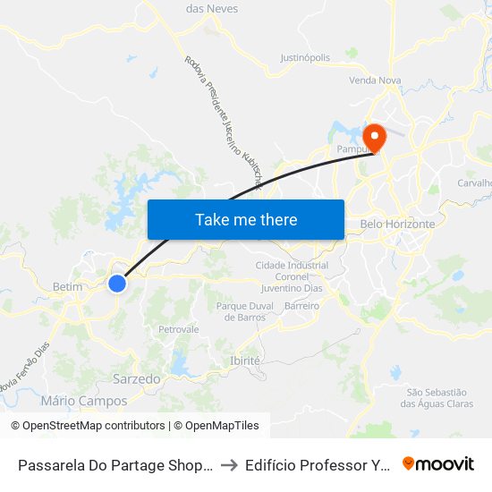 Passarela Do Partage Shopping Sentido Centro De Betim/Br-381 to Edifício Professor Yvon Leite De Magalhães Pinto map