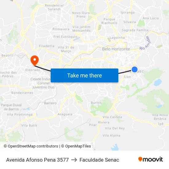 Avenida Afonso Pena 3577 to Faculdade Senac map
