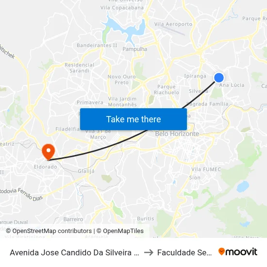 Avenida Jose Candido Da Silveira 2115 to Faculdade Senac map