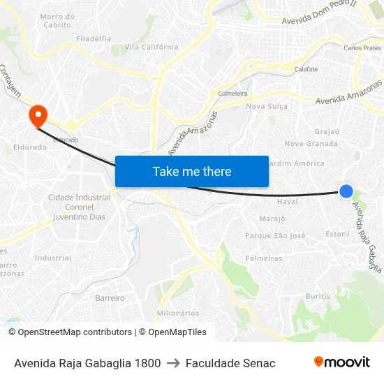 Avenida Raja Gabaglia 1800 to Faculdade Senac map