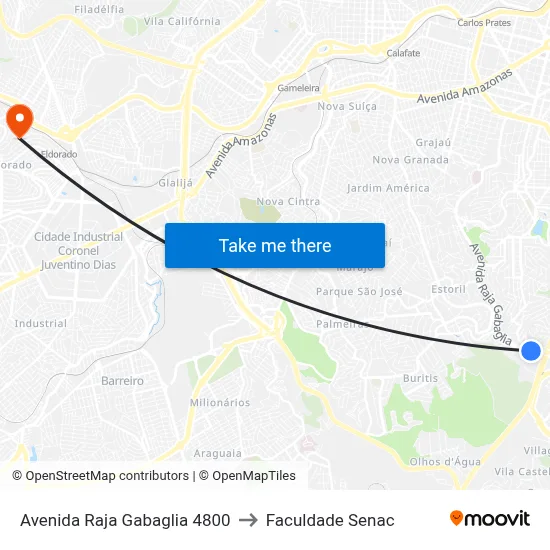 Avenida Raja Gabaglia 4800 to Faculdade Senac map