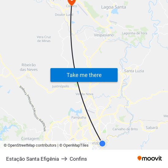 Estação Santa Efigênia to Confins map