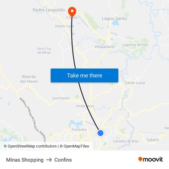 Minas Shopping to Confins map