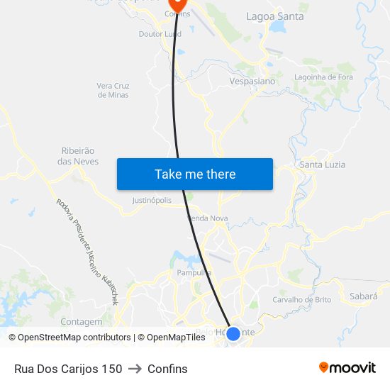 Rua Dos Carijos 150 to Confins map