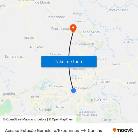 Acesso Estação Gameleira/Expominas to Confins map