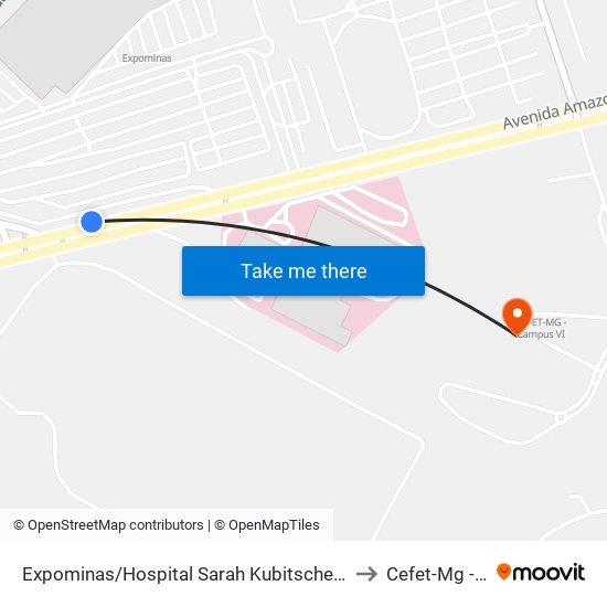 Expominas/Hospital Sarah Kubitschek E Oposto Ao 5º Batalhão Pmmg to Cefet-Mg - Campus VI map
