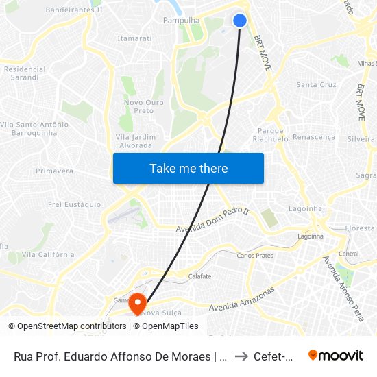 Rua Prof. Eduardo Affonso De Moraes | Eba (Escola De Belas Artes) - Sentido Centro Pedagógico to Cefet-Mg - Campus VI map