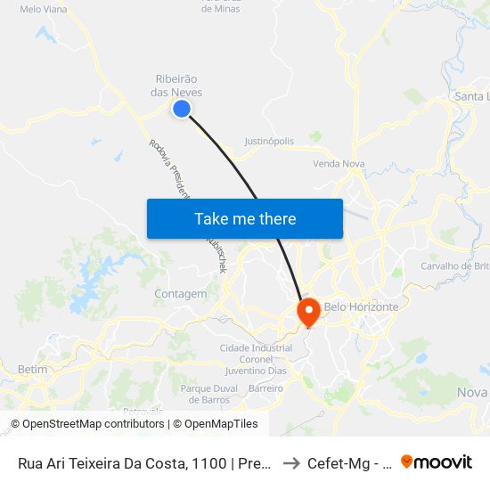 Rua Ari Teixeira Da Costa, 1100 | Prefeitura De Ribeirão Das Neves to Cefet-Mg - Campus VI map