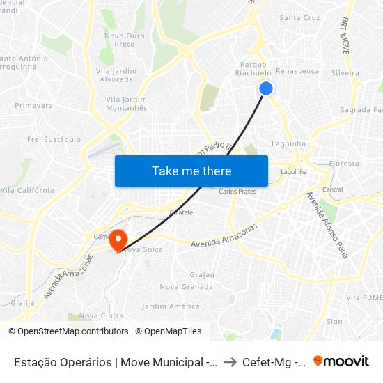 Estação Operários | Move Municipal - Plataforma B1 - Sentido Centro to Cefet-Mg - Campus VI map