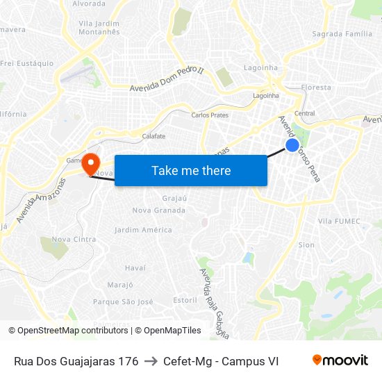 Rua Dos Guajajaras 176 to Cefet-Mg - Campus VI map
