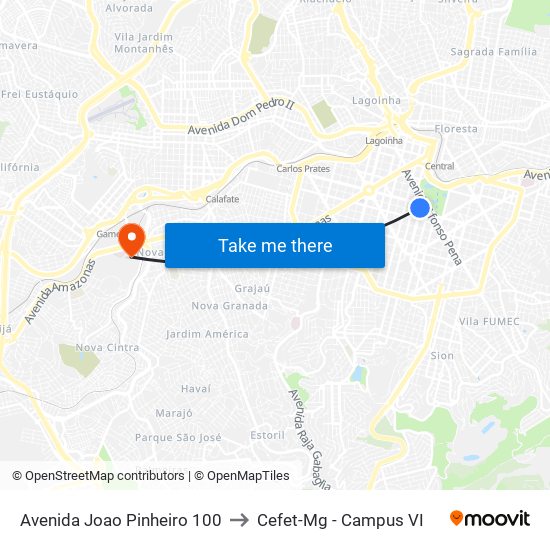 Avenida Joao Pinheiro 100 to Cefet-Mg - Campus VI map