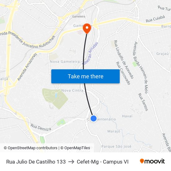 Rua Julio De Castilho 133 to Cefet-Mg - Campus VI map