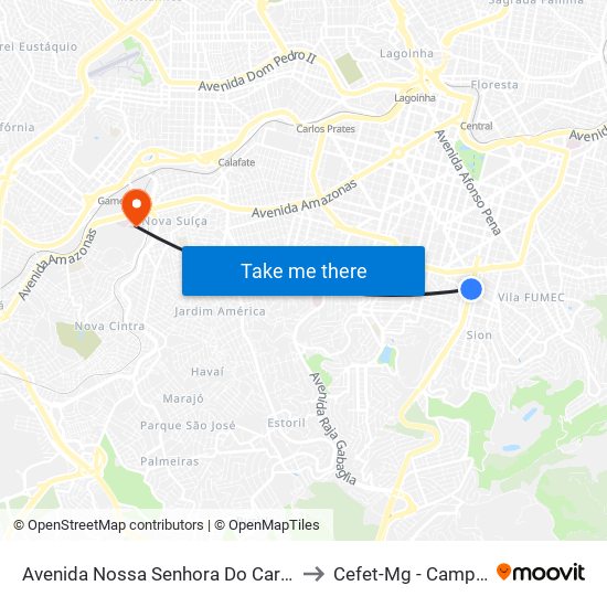 Avenida Nossa Senhora Do Carmo 289 to Cefet-Mg - Campus VI map