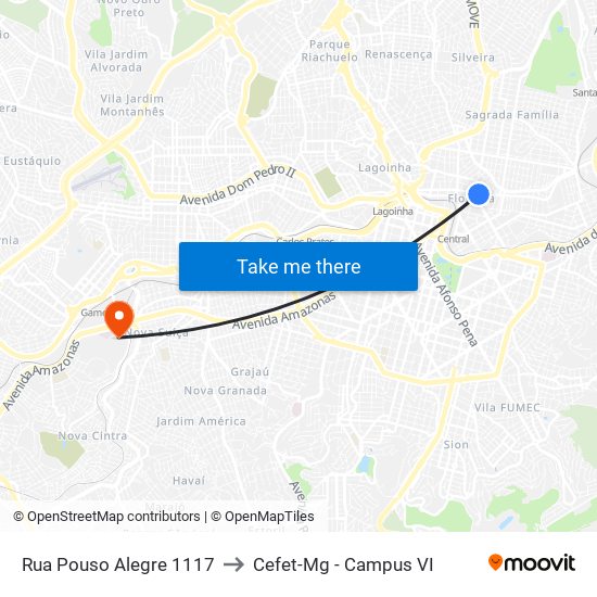 Rua Pouso Alegre 1117 to Cefet-Mg - Campus VI map