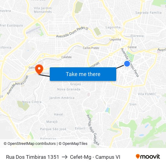 Rua Dos Timbiras 1351 to Cefet-Mg - Campus VI map