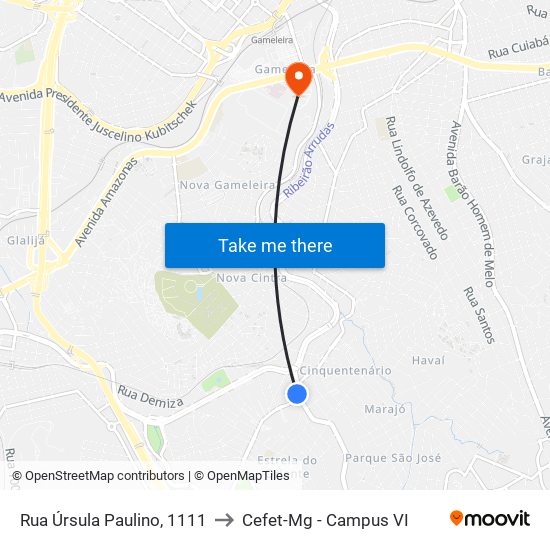 Rua Úrsula Paulino, 1111 to Cefet-Mg - Campus VI map