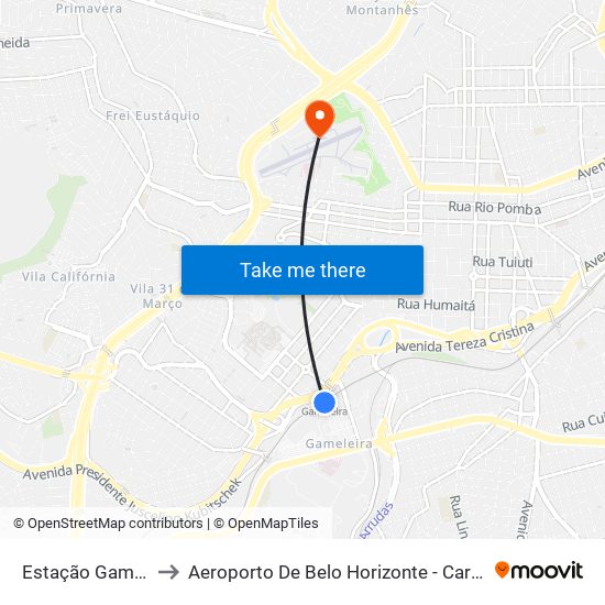 Estação Gameleira to Aeroporto De Belo Horizonte - Carlos Prates map