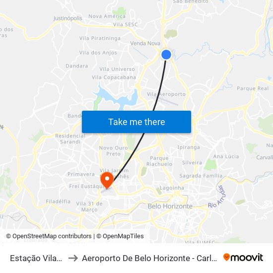 Estação Vilarinho to Aeroporto De Belo Horizonte - Carlos Prates map