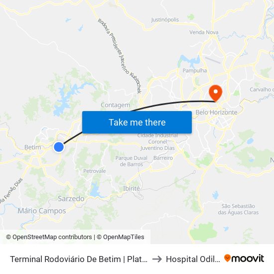Terminal Rodoviário De Betim | Plataforma B1 - Sentido Bairro to Hospital Odilon Behrens map