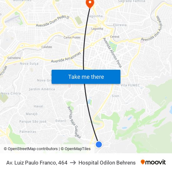 Av. Luiz Paulo Franco, 464 to Hospital Odilon Behrens map