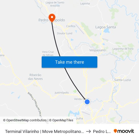 Terminal Vilarinho | Move Metropolitano - Setor Norte, Plataforma A6 to Pedro Leopoldo map