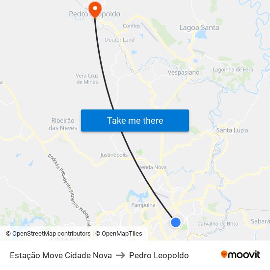 Estação Move Cidade Nova to Pedro Leopoldo map