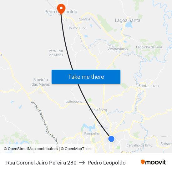 Rua Coronel Jairo Pereira 280 to Pedro Leopoldo map