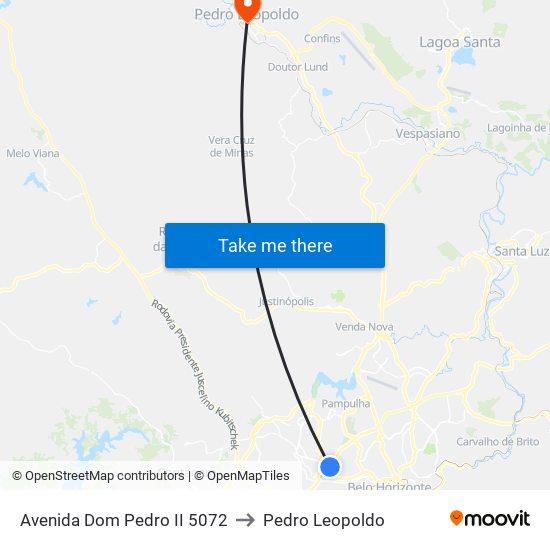Avenida Dom Pedro II 5072 to Pedro Leopoldo map