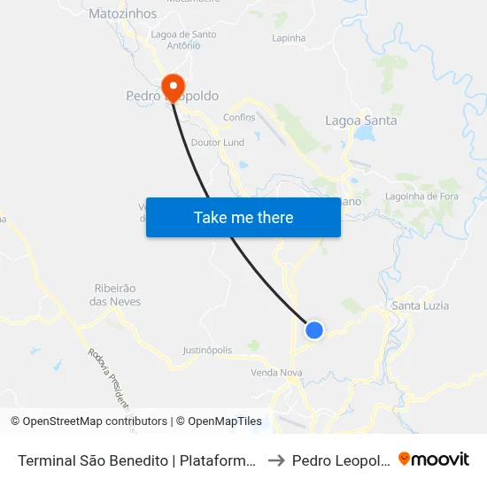 Terminal São Benedito | Plataforma D9 to Pedro Leopoldo map