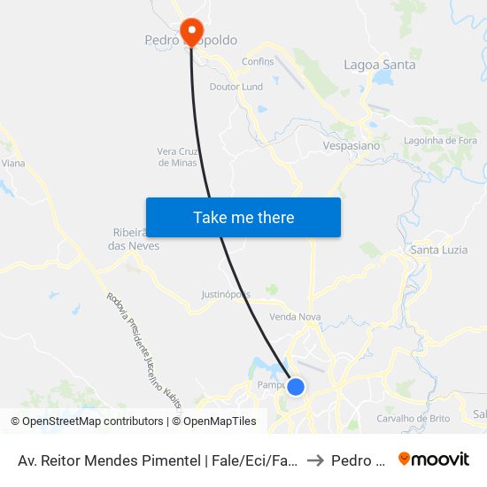 Av. Reitor Mendes Pimentel | Fale/Eci/Fafich/Cad 2 (Sentido Antônio Carlos) to Pedro Leopoldo map