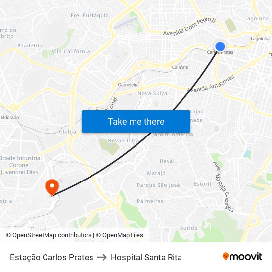 Estação Carlos Prates to Hospital Santa Rita map