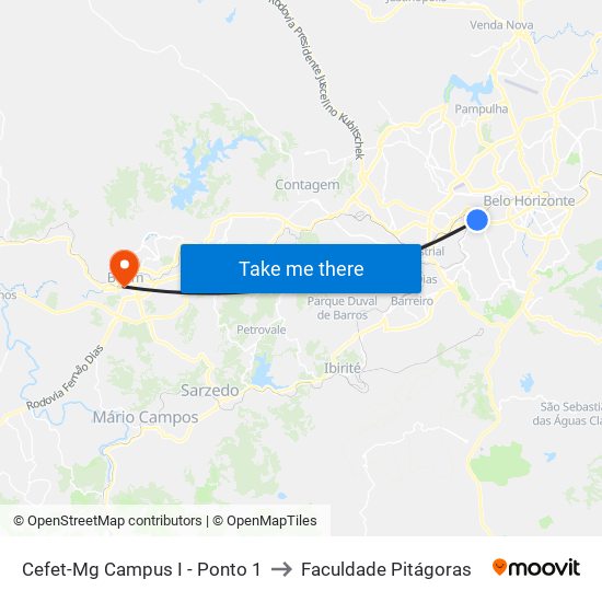Cefet-Mg Campus I - Ponto 1 to Faculdade Pitágoras map