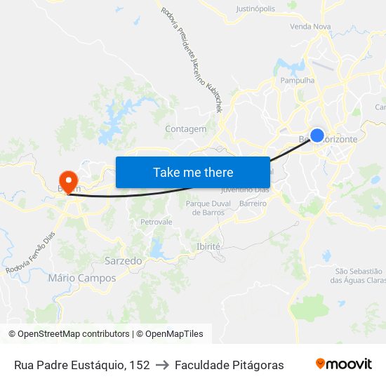 Rua Padre Eustáquio, 152 to Faculdade Pitágoras map