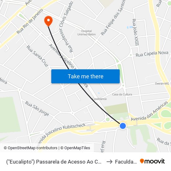 ("Eucalipto") Passarela de Acesso Ao Centro De Betim (Avenida Jk/Praça Milton Campos) to Faculdade Pitágoras map