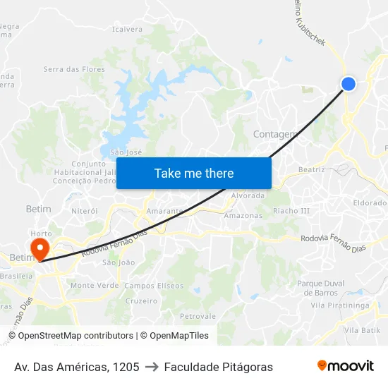Av. Das Américas, 1205 to Faculdade Pitágoras map