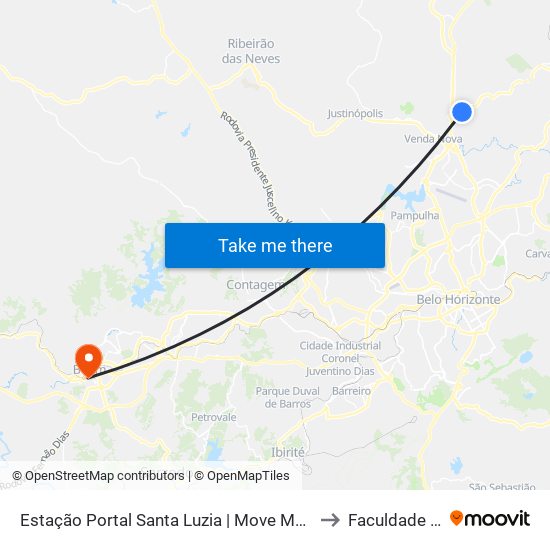 Estação Portal Santa Luzia | Move Metropolitano - Sentido Bairro to Faculdade Pitágoras map