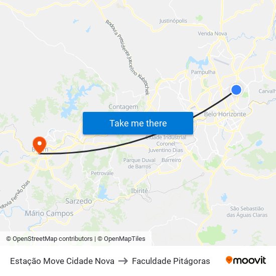 Estação Move Cidade Nova to Faculdade Pitágoras map