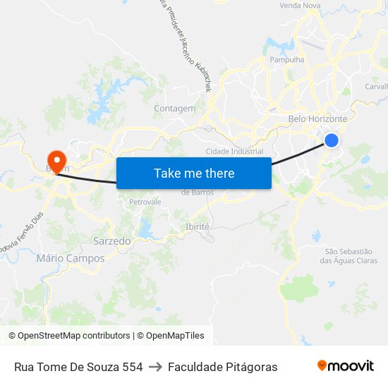 Rua Tome De Souza 554 to Faculdade Pitágoras map