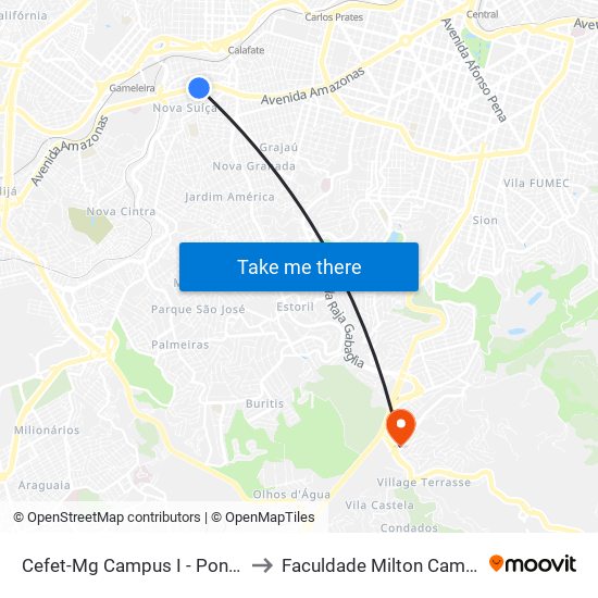 Cefet-Mg Campus I - Ponto 1 to Faculdade Milton Campos map