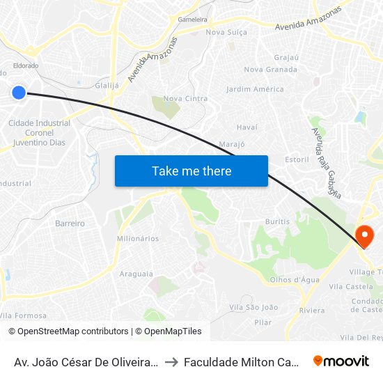 Av. João César De Oliveira, 151 to Faculdade Milton Campos map