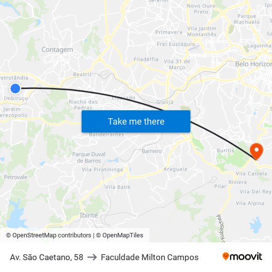 Av. São Caetano, 58 to Faculdade Milton Campos map