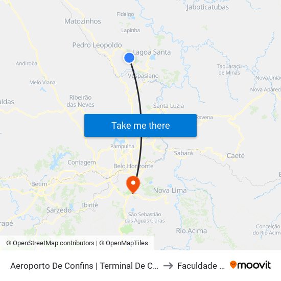 Aeroporto De Confins | Terminal De Cargas - Sentido Belo Horizonte/Lagoa Santa to Faculdade Milton Campos map